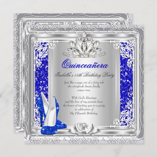 キンセアニェラ15th誕生日グリッターブルーシューズ 招待状 (正面/裏面)
