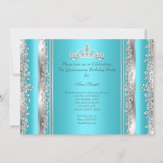 キンセアニェラ15th誕生日ティール（緑がかった色）ブルーシルバーティアラb 招待状 (裏面)