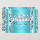 キンセアニェラ15th誕生日ティール（緑がかった色）ブルーシルバーティアラb 招待状 (正面/裏面)