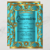 キンセアニェラ15th誕生日ティール（緑がかった色）ブルーティアラ金ゴールド2 招待状 (正面/裏面)