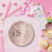 キンセアニェラ15th誕生日バラ金ゴールドグリッターピンク ペーパープレート (パーティー)