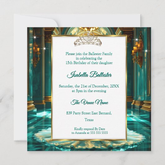 キンセアニェラ15th誕生日パレスアクアティール(緑がかった色)翡翠 招待状 (裏面)