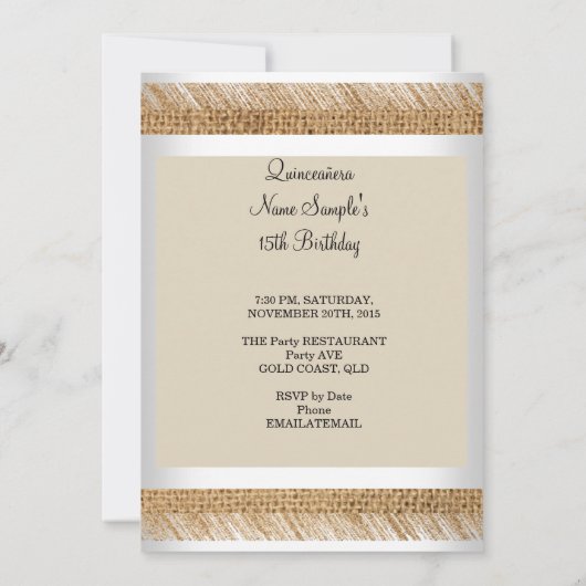 キンセアニェラ15th誕生日パーティーベージュレースバーラップ 招待状 (裏面)