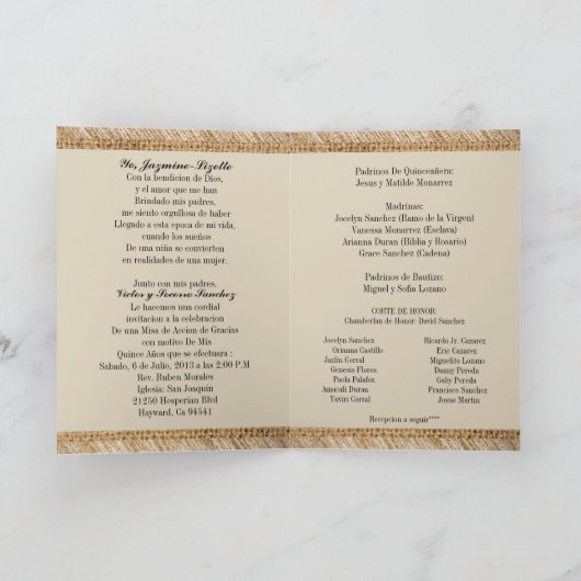 キンセアニェラ15th誕生日パーティーベージュレースバーラップ 招待状 (内部)