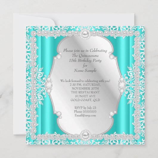 キンセアニェラ15th誕生日パールティール（緑がかった色）シルバー 招待状 (裏面)