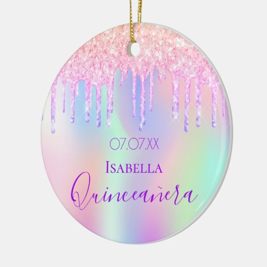 キンセアニェラ15th誕生日レインボーグリッターピンク セラミックオーナメント (左)