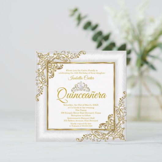 キンセアニェラ15th金ゴールドホワイトパールティアラ写真 招待状 (スタンド正面)