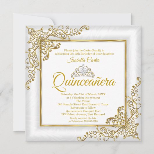 キンセアニェラ15th金ゴールドホワイトパールティアラ写真 招待状 (正面)