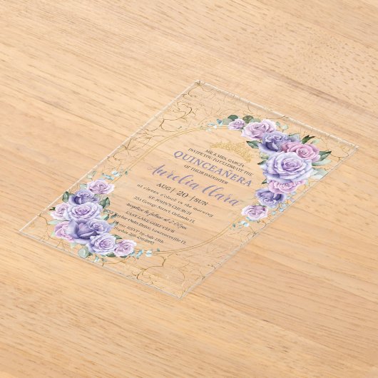 キンセアニェラ16 15紫薄紫フローラモダン金ゴールド アクリル招待状 (レイダウン)