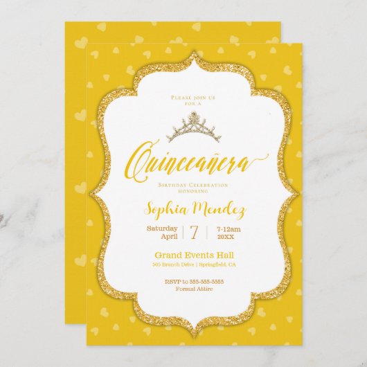 キンセアニェラ – イエローと金ゴールドハート招待状 招待状 (正面/裏面)