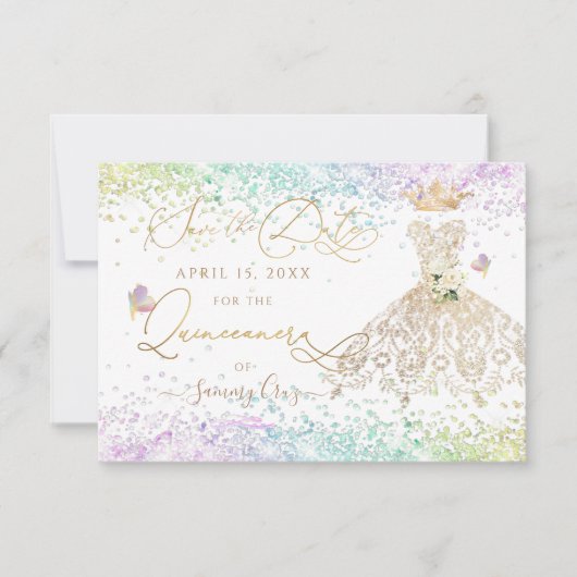 キンセアニェラ・セーブ・ザ・デート・ホワイト・金ゴールド・ドレス・インビタット 招待状 (正面)