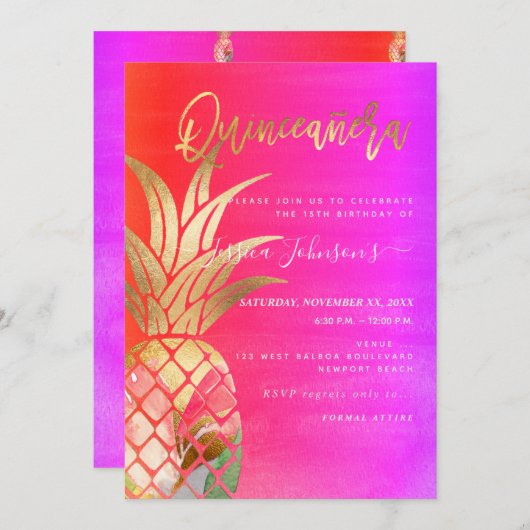 キンセアニェラ、フェイク金ゴールド水彩パイナップル セーブザデート (正面/裏面)