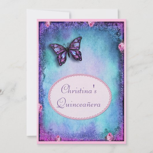 キンセアニェラ フェイク グリッター バタフライ ローズ & ライス 招待状 (正面)