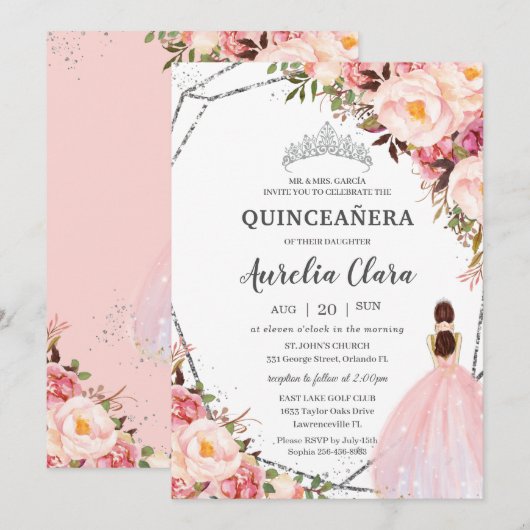 キンセアニェラ ブラッシュピンク フローラル プリンセス シルバー 招待状 (正面/裏面)