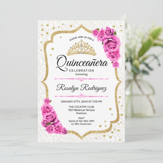 キンセアニェラ – ホワイト金ゴールドピンクローズ 招待状 (スタンド正面)