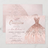 キンセアニェラ、ローズゴールドグリッターのドレス 招待状 (正面/裏面)