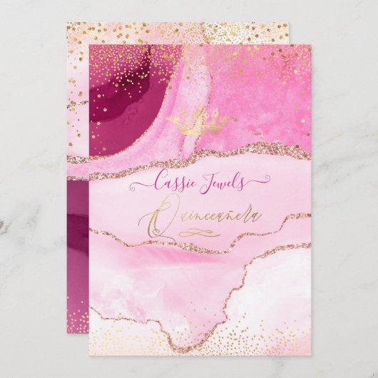 キンセアニェラ、水彩ピンクAgateフェイク金ゴールド 招待状 (正面/裏面)