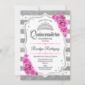 キンセアニェラ – 白いシルバーストライプのピンク 招待状 (正面)