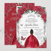 キンセアニェラ 赤ドレス ローズ 花柄 ヴィンテージ シルバー 招待状 (正面/裏面)
