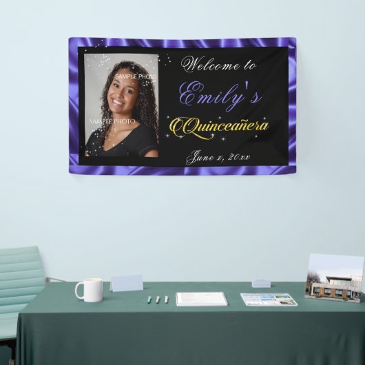 キンセアニェラ·金ゴールド·スパークル·テキスト、紫のサテンの写真、 横断幕 (トレードショー)