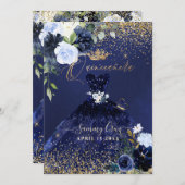 キンセアニェラH2ネイビーブルードレス金ゴールドグリッター 招待状 (正面/裏面)