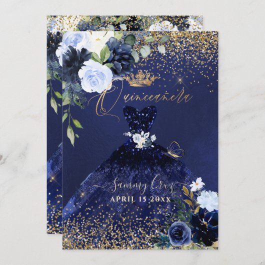 キンセアニェラH2ネイビーブルードレス金ゴールドグリッター 招待状 (正面/裏面)