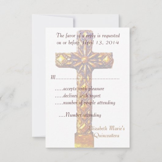 キンセアニェラRSVPの第15誕生日の金ゴールドの十字 出欠カード (裏面)