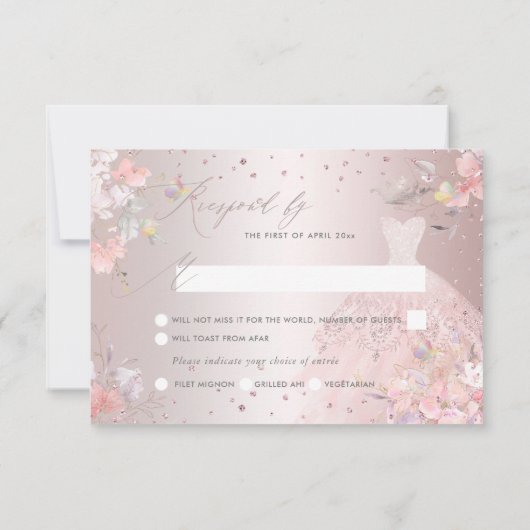 キンセアニェラRSVP赤面ピンクガウンスウィートピーズ 招待状 (裏面)