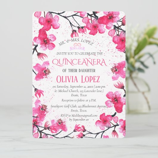 キンセアニラさくらんぼブロッサムフローラ15誕生日 招待状 (スタンド正面)