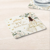 キンセアニラアイボリーホワイトフローラドレスプリンセス金ゴールド スクエアペーパーコースター (アングル)