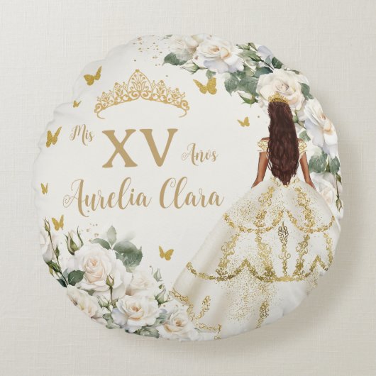 キンセアニラアイボリーホワイトフローラドレスプリンセス金ゴールド ラウンドクッション (正面)