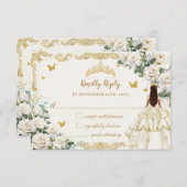 キンセアニラアイボリーホワイトフローラドレスプリンセス金ゴールド 出欠カード (正面/裏面)