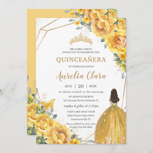 キンセアニライエローフローラプリンセスクラウン誕生日 招待状 (正面/裏面)