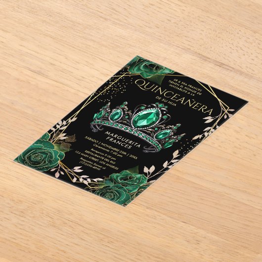 キンセアニラエメラルドグリーンティアラスペインのブラック アクリル招待状 (レイダウン)