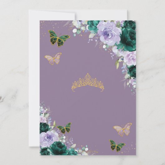 キンセアニラエメラルドグリーンパープルフローラ蝶 招待状 (裏面)