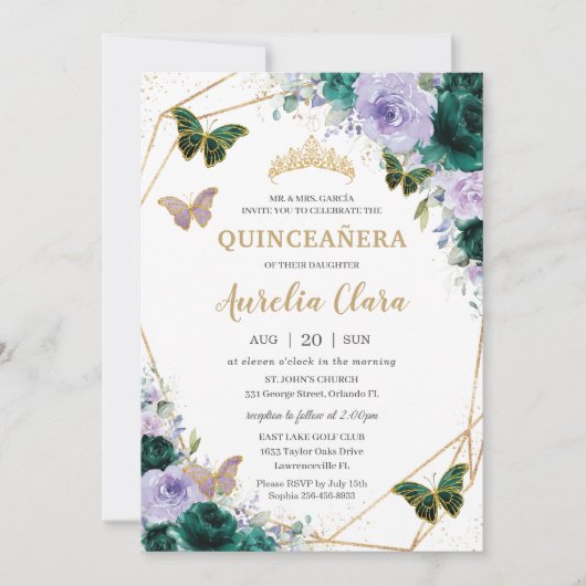 キンセアニラエメラルドグリーンパープル薄紫フローラ 招待状 (正面)