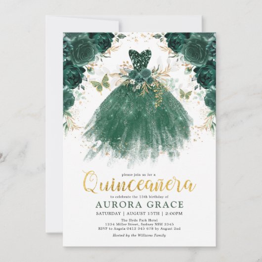 キンセアニラエメラルドグリーンフラワープリンセス誕生日 招待状 (正面)