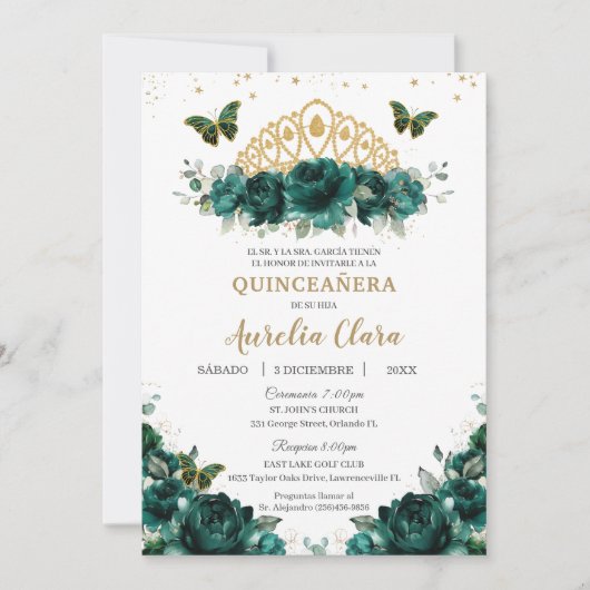 キンセアニラエメラルドグリーンフローラクラウンスペイン 招待状 (正面)
