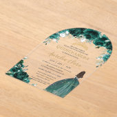 キンセアニラエメラルドグリーンフローラドレス金ゴールドアーチ アクリル招待状 (レイダウン)