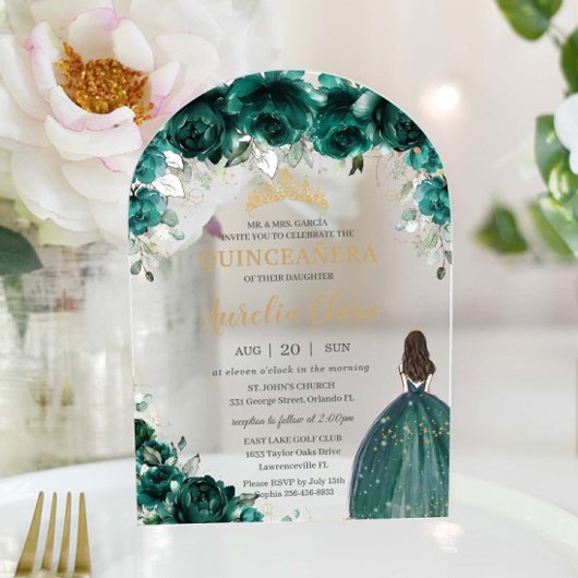 キンセアニラエメラルドグリーンフローラドレス金ゴールドアーチ アクリル招待状