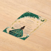 キンセアニラエメラルドグリーンフローラプリンセス金ゴールド アクリル招待状 (レイダウン)