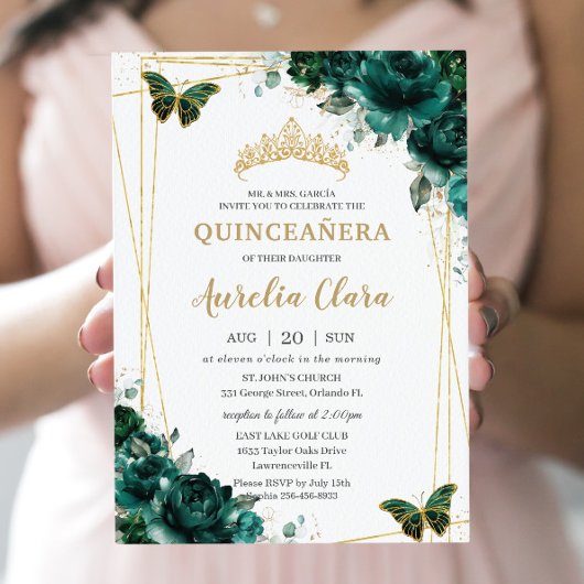 キンセアニラエメラルドグリーンフローラ蝶ティアラ 招待状