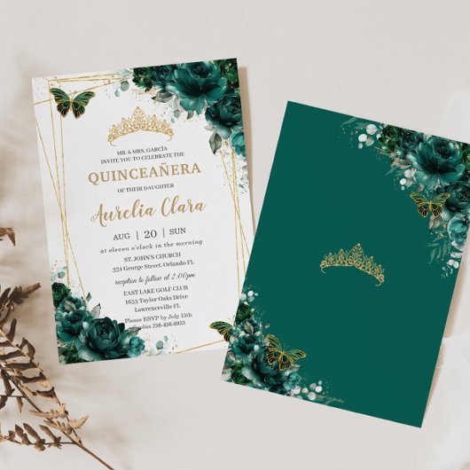 キンセアニラエメラルドグリーンフローラ蝶ティアラ 招待状