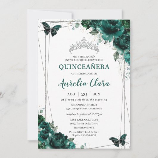 キンセアニラエメラルドグリーンフローラ蝶ティアラ 招待状 (正面)