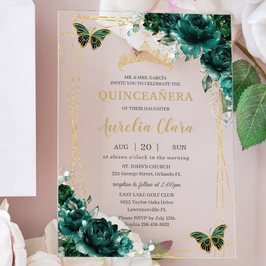 キンセアニラエメラルドグリーンフローラ金ゴールド蝶 アクリル招待状
