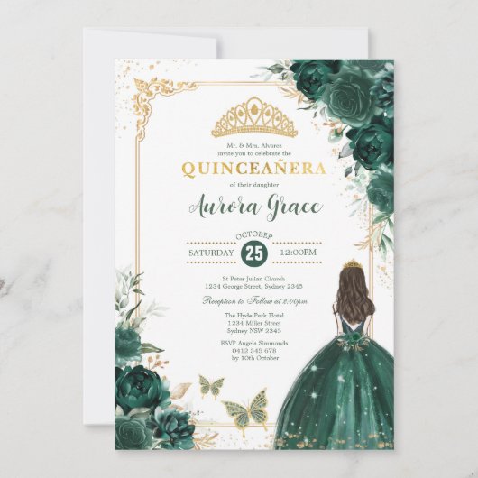 キンセアニラエメラルドグリーン金ゴールドフローラプリンセス 招待状 (正面)