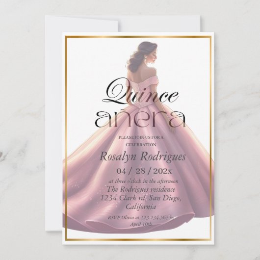 キンセアニラエレガントモダンバラピンクドレス 招待状 (正面)