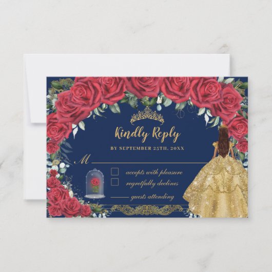 キンセアニラエンチャントレッドローズフローラネイビーブルー 出欠カード (正面)