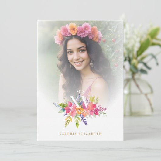 キンセアニラカラフルの花と葉の写真 招待状 (スタンド正面)