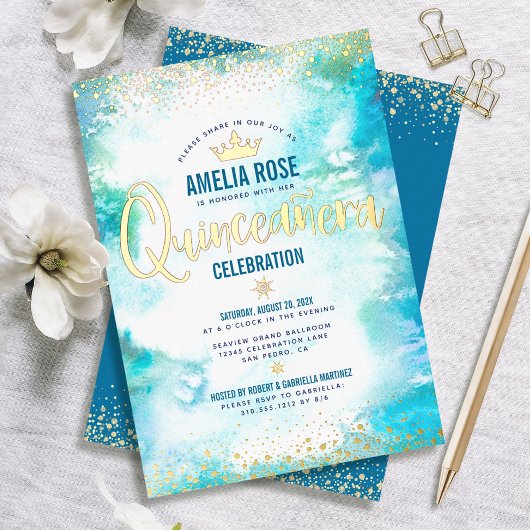 キンセアニラクラウンターコイズウォーター実在カラー金ゴールド 箔招待状